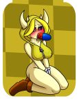  blush bodily_fluids breasts butt clothed clothing dr._mario female hair hi_res horn humanoid mario_bros nintendo nipple_outline oral saliva shirt sitting solo steam topwear video_games virus virus_(dr._mario) weird_(dr._mario) yellow_skin yoshimister 