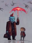  2boys backpack bag bags_under_eyes bald blonde_hair blue_skin child corpse duffel_bag facial_hair guardians_of_the_galaxy headphones impaled koto_inari laser_beam multiple_boys pen peter_quill plaid_jacket stubble trench_coat umbrella walkman yondu_udonta younger 