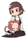  2girls animal_ears arm_support bangs black_legwear black_skirt blunt_bangs braid brown_eyes brown_hair cat_ears cat_tail chibi closed_eyes closed_mouth crown_braid do_m_kaeru eyebrows_visible_through_hair hand_on_another&#039;s_head long_sleeves minigirl multiple_girls niijima_makoto no_shoes okumura_haru pantyhose persona persona_5 petting pink_sweater plaid plaid_skirt short_hair simple_background sitting skirt smile sweater tail twitter_username white_background white_legwear white_sweater yokozuwari 