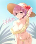  1girl absurdres arm_up bangs bare_shoulders bikini blue_sky blurry blurry_background breasts brown_bikini brown_headwear character_name cleavage closed_mouth collarbone commentary_request day depth_of_field eyebrows_visible_through_hair flower go-toubun_no_hanayome groin hair_between_eyes hat hat_flower highres large_breasts leaning_forward nakano_ichika navel neki_(wakiko) outdoors pink_hair purple_eyes red_flower side-tie_bikini sky smile solo sun_hat swimsuit twitter_username 