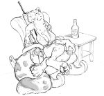  alcohol anthro beverage bottle breasts chair cleavage clothed clothing cup digitigrade eyes_closed felid female fur gun holding_gun holding_object holding_weapon hotchkisstank ice mammal pantherine ranged_weapon rifle rocking_chair sitting snow_leopard solo spots spotted_fur table weapon 