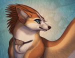  2015 ambiguous_gender avian blue_eyes brown_feathers brown_fur brown_nose canid canine digital_media_(artwork) feathered_wings feathers feral fur green_eyes headshot_portrait hybrid katie_hofgard mammal portrait smile solo whiskers wings 