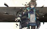 1girl 2019 absurdres amiya_(arknights) animal_ears arknights artist_name ascot bangs black_jacket black_legwear blue_eyes blue_neckwear blue_skirt blurry blurry_background brown_hair bunny_ears choker closed_mouth commentary cowboy_shot english_text frilled_ascot frilled_shirt frills hair_between_eyes highres jacket lm520lm520 long_hair looking_at_viewer miniskirt open_clothes open_jacket panties panties_under_pantyhose pantyhose shirt sidelocks skirt solo underwear white_shirt 