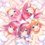  5girls :d amedamacon bangs bare_arms bare_shoulders bed_sheet blue_eyes blush breasts brown_hair cleavage closed_mouth dress eyebrows_visible_through_hair fingernails go-toubun_no_hanayome hair_between_eyes hair_ornament hair_ribbon headphones headphones_around_neck highres holding_hands long_hair lying medium_breasts multiple_girls nakano_ichika nakano_itsuki nakano_miku nakano_nino nakano_yotsuba on_back open_mouth pink_hair red_hair ribbon sleeveless sleeveless_dress small_breasts smile star star_hair_ornament strapless strapless_dress white_dress white_ribbon 