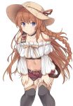  1girl alternate_costume bangs bare_shoulders belt black_choker black_legwear blue_eyes braid breasts brown_hair brown_shorts casual choker cleavage collarbone commentary crop_top eyebrows_visible_through_hair garter_straps granblue_fantasy hands_on_own_thighs hat hat_ribbon large_breasts leaning_forward lecia_(granblue_fantasy) long_braid long_hair long_sleeves looking_at_viewer midriff navel off-shoulder_shirt off_shoulder red_shorts ribbon shirt shiseki_hirame short_shorts shorts simple_background single_braid smile solo standing sun_hat thighhighs very_long_hair white_background white_shirt 