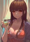  1girl alcohol bangs blunt_bangs blush breasts brown_hair cleavage closed_mouth collarbone commentary_request cup curtains drink drinking_glass eyebrows_visible_through_hair eyelashes frills glint highres holding holding_cup idolmaster idolmaster_cinderella_girls idolmaster_cinderella_girls_starlight_stage indoors kurokawa_chiaki large_breasts long_sleeves looking_at_viewer open_clothes pink_lips red_eyes shoukichi_(shony) sidelocks signature smile solo upper_body window 