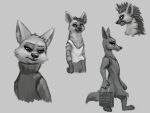  4:3 anthro avo_(weaver) canid canine canis charlie_(weaver) clothed clothing corsac_fox disney dress flakjackal fox greyscale group holding_object hyaenid jackal mammal monochrome ozzy_(weaver) pack_street shirt standing tank_top topwear zootopia 