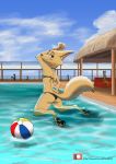  anthro arctic_fox ball beach_ball bikini black_nose blue_eyes canid canine clothed clothing cloud disney female fennec finnick fox fur group judy_hopps kneeling lagomorph leporid link6432 looking_at_viewer looking_back male mammal nick_wilde outside patreon rabbit sitting sky smile sofa solo_focus swimming_pool swimwear url water white_fur zootopia 