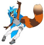  2019 5_fingers ailurid anthro biped black_nose blue_eyes blue_hair bottomwear bracelet breasts brown_ears brown_fur brown_tail clothing digital_media_(artwork) dipstick_tail female fingers fluffy fluffy_tail footwear full-length_portrait fur hair hi_res jewelry long_tail looking_at_viewer mammal multicolored_ears multicolored_fur multicolored_tail open_mouth open_smile orange_ears orange_fur orange_tail pants pink_tongue portrait red_panda ringtail shirt shoes short_hair simple_background smile solo standing tan_ears tan_fur tan_tail toki_(zkelle) tongue topwear white_background zkelle 