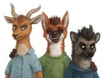  antelope anthro black_fur bovid brown_fur canid canine clothed clothing disney eyes_closed fan_character flakjackal fur green_eyes group head_tuft hoodie horn hyaenid mammal maned_wolf shirt simple_background smile spotted_hyena teeth topwear white_background zootopia 