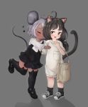  2girls absurdres ahoge animal_ear_fluff animal_ears bag black_dress black_eyes black_footwear black_hair black_legwear cat_ears cat_tail closed_eyes dark_skin dress full_body grey_background hand_on_another&#039;s_chest hand_on_own_chest highres hug kiss leaning_forward leg_lift long_hair low_twintails mary_janes mouse_ears mouse_tail multiple_girls open_mouth original shoes short_dress short_hair silver_hair simple_background standing standing_on_one_leg tail thighhighs twintails white_dress 