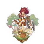  animal_print axe blue_eyes boar camp dragalia_lost eating flag food full_body hair_ornament looking_at_viewer meat non-web_source official_art red_hair saitou_naoki smile tiger_print transparent_background tribal weapon yue_(dragalia_lost) 