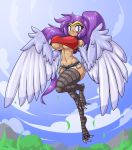  2019 absurd_res alternate_species animal_humanoid avian avian_humanoid blue_eyes breasts clothed clothing cloud feathered_wings feathers female hair harpy hi_res humanoid limebreaker long_hair looking_at_viewer purple_hair shantae shantae_(series) smile solo talons under_boob video_games wayforward winged_arms wings 