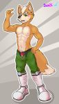  abs absurd_res alternate_version_at_source anthro bashbl-ux biceps blush bulge canid canine clothed clothing fox fox_mccloud gloves green_eyes handwear hi_res male mammal muscular muscular_male nintendo pecs pubes solo star_fox topless video_games 