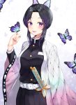  1girl :d animal animal_on_hand bangs belt belt_buckle black_hair black_jacket black_skirt blue_butterfly blush breasts buckle butterfly_hair_ornament butterfly_on_finger commentary_request fingernails forehead gradient_hair hair_ornament hand_up highres jacket katana kimetsu_no_yaiba kochou_shinobu kubong long_sleeves looking_at_viewer medium_breasts multicolored_hair open_clothes open_mouth parted_bangs pleated_skirt purple_eyes purple_hair skirt smile solo sword weapon white_belt wide_sleeves 