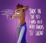  bojack_horseman breasts brown_fur brown_hair cervid cigarette clothing english_text female freckles fur green_eyes hair headphones jewelry letterman_jacket mammal necklace penny_carson saficosdreams signature smoke smoking text 
