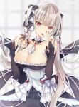  1girl azur_lane bangs bare_shoulders between_breasts black_bow black_dress black_nails blunt_bangs blurry blurry_background bow breasts cherry cleavage collarbone cream cupcake detached_collar dress finger_licking finger_to_mouth flight_deck floating_hair food formidable_(azur_lane) frilled_dress frills fruit grey_hair hair_bow hands_up head_tilt highres holding holding_food large_breasts licking long_hair long_sleeves looking_at_viewer nail_polish red_eyes solo tongue tongue_out twintails twitter_username upper_body very_long_hair yu-ori 
