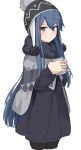  1girl bangs blue_hair copyright_request cup hair_between_eyes hair_down hair_ornament hairclip hat holding holding_cup knit_hat long_hair long_sleeves looking_at_viewer pantyhose red_eyes shima_rin shiseki_hirame simple_background smile solo white_background winter_clothes yurucamp 