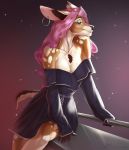  2019 5_fingers anthro black_nose breasts cervid clothed clothing digital_media_(artwork) ear_piercing ear_ring female fingers hair mammal piercing pink_hair purple_eyes smile solo yasmil 