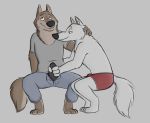  bottomwear brown_fur bulge canid canine canis clothed clothing disney duo fur gary_(zootopia) hi_res larry_(zootopia) male male/male mammal pants penis penis_grab shirt simple_background sitting skunkbutt_(artist) topless topwear underwear white_fur wolf zootopia 