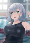  1girl :o bob_cut breasts commentary_request competition_swimsuit green_eyes jonsun large_breasts one-piece_swimsuit original partially_submerged pool silver_hair solo swimsuit twitter_username wet 