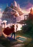  1other absurdres arch brown_hair building cape cliff cloud commentary_request day facing_away fantasy grass highres holding holding_staff long_hair original outdoors pants red_cape ruins scenery sheath sheathed sky solo staff stone sunlight tree water waterfall wind you_shimizu 