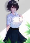  1girl :o absurdres arm_behind_back bangs black_hair blue_skirt breasts collarbone commentary eyebrows_visible_through_hair eyes_visible_through_hair hair_over_one_eye highres large_breasts looking_at_viewer lovesexieie original pleated_skirt shirt short_hair skirt solo white_shirt 