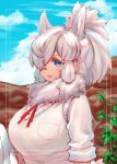  1girl alpaca_ears alpaca_suri_(kemono_friends) alternate_hairstyle animal_ear_fluff animal_ears bangs big_hair blue_eyes breast_pocket day extra_ears fur_collar hair_over_one_eye high_ponytail highres horizontal_pupils kemono_friends light_smile long_hair looking_at_viewer neck_ribbon notora outdoors parted_bangs parted_lips pocket ribbon shirt short_sleeves sidelocks solo sweater_vest upper_body white_hair 