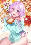  +_+ 1girl bacon banana bread breakfast breasts egg eyes_visible_through_hair fate/grand_order fate_(series) food fruit hair_over_one_eye jam kanola_u large_breasts looking_at_viewer mash_kyrielight purple_eyes purple_hair short_hair solo strawberry sunny_side_up_egg symbol-shaped_pupils toast 