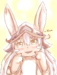  2017 anthro blush brown_fur claws clothed clothing cute_fangs digital_media_(artwork) fangs female fingers fur gesture hair half-length_portrait headgear headwear hi_res long_ears long_hair made_in_abyss mammal nanachi narehate open_mouth pointing pointing_at_head pointing_at_self portrait simple_background solo text unknownlifeform whiskers white_hair yellow_eyes young 