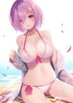  1girl amahara_pekozaemon bare_shoulders beach bikini blush breasts cleavage commentary_request fate/grand_order fate_(series) grin hair_over_one_eye jacket large_breasts looking_at_viewer mash_kyrielight navel off_shoulder partially_submerged purple_eyes purple_hair short_hair sitting smile solo swimsuit wet wet_jacket 
