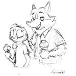  anthro black_and_white canid canine clothed clothing disney duo female fox gideon_grey grivaire holding_object ice_cream_cone judy_hopps lagomorph leporid male mammal monochrome rabbit shirt simple_background sketch smile topwear white_background zootopia 