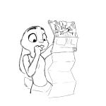  1:1 anthro black_and_white buckteeth clothed clothing disney ears_down female holding_object judy_hopps lagomorph leporid magazine mammal monochrome numbro pivoted_ears pornography rabbit scut_tail simple_background sketch solo standing teeth zootopia 