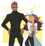  1boy 1girl ahoge black_jacket black_pants bow catgirl0926 dark_skin extra facial_hair flipped_hair goatee hair_bow hands_on_hips jacket labcoat lanya lanyard long_hair looking_at_another navel pants promare skin_tight sunglasses sweatdrop thyma_(promare) 