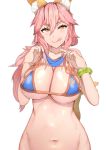  1girl animal_ear_fluff animal_ears bikini bikini_bottom_removed blue_bikini breasts collarbone fate/grand_order fate_(series) fox_ears fox_girl fox_tail hair_between_eyes highres holding_bikini_bottom holding_clothes large_breasts licking_lips navel out-of-frame_censoring pink_hair sikijou77o simple_background solo swimsuit tail tamamo_(fate)_(all) tamamo_no_mae_(swimsuit_lancer)_(fate) tongue tongue_out upper_body white_background 