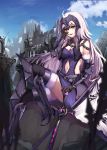  1girl ahoge armor armored_dress bangs bare_shoulders black_footwear black_gloves blacktheif breasts chain cleavage commentary_request fate/grand_order fate_(series) gloves headpiece holding holding_sword holding_weapon jeanne_d&#039;arc_(alter)_(fate) jeanne_d&#039;arc_(fate)_(all) large_breasts long_hair looking_at_viewer navel outdoors silver_hair sitting smile solo sword upper_teeth weapon yellow_eyes 