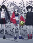  3girls :| absurdres against_wall akagi_miria ball bare_shoulders belt black_footwear black_hair black_skirt blue_footwear bracelet choker closed_eyes closed_mouth collarbone commentary_request denim denim_jacket denim_skirt earrings english_text fishnet_legwear fishnets football_(object) full_body graffiti hair_ribbon hand_in_pocket highres holding holding_ball hoop_earrings idolmaster idolmaster_cinderella_girls jacket jacket_on_shoulders jewelry jitome light_oooo long_hair long_sleeves looking_at_viewer looking_down matoba_risa miniskirt multiple_girls muted_color navel necklace open_clothes open_jacket oversized_clothes purple_eyes red_legwear removing_jacket ribbon sandals shoes short_hair short_twintails skirt sleeves_past_wrists sneakers socks standing star stomach tank_top track_jacket twintails white_legwear yellow_eyes yellow_ribbon yuuki_haru 