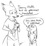  anthro black_and_white canid canine clothed clothing dialogue disney duo english_text female fox holding_object judy_hopps lagomorph leporid male mammal monochrome necktie newspaper nick_wilde rabbit shirt simple_background sketch speech_bubble standing text topwear visiti white_background zootopia 