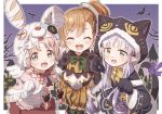  3girls akane_mimi alternate_costume animal_ears animal_hat animal_hood bandages blush braid cat_ears closed_eyes commentary_request hair_ornament halloween hat hikawa_kyoka hodaka_misogi hood long_hair looking_at_viewer low_twintails midriff multiple_girls navel open_mouth orange_hair paws pink_hair pointy_ears princess_connect! princess_connect!_re:dive purple_hair ribbon short_hair side_ponytail twin_braids twintails yukie_(kusaka_shi) 