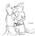  anthro black_and_white blush bottomwear canid canine canis clothed clothing duo gary_(zootopia) grivaire larry_(zootopia) male male/male mammal monochrome shirt shorts simple_background sketch standing tank_top topwear white_background wolf 