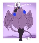  absurd_res anthro avian beak big_breasts bracelet breasts english_text eyewear feathers female fur gin-blade glasses gryphon hair hi_res huge_breasts jewelry nipples purple_fur pussy simple_background slightly_chubby solo text thick_thighs white_hair wings 