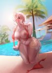  anthro big_breasts blush breasts canid canine clothing female fur furlana hair heat_(disambiguation) hi_res mammal nipples open_mouth outside pool_(disambiguation) poolside solo swimming_pool swimwear undressing water 