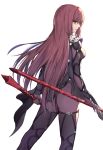 1girl bangs blacktheif bodysuit breasts commentary_request eyebrows_visible_through_hair fate/grand_order fate_(series) from_behind hair_between_eyes holding large_breasts long_hair looking_at_viewer polearm purple_bodysuit purple_hair red_eyes scathach_(fate)_(all) scathach_(fate/grand_order) simple_background smile solo spear very_long_hair weapon 