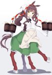 1girl :d animal_ears apron bangs beer_mug black_ribbon blush brooch brown_hair centaur collared_shirt commentary_request cup eyebrows_visible_through_hair foam full_body gradient gradient_background green_eyes green_skirt grey_apron grey_background head_scarf highres holding holding_cup horse_ears horse_girl horse_tail jewelry kiyomin long_hair long_sleeves looking_at_viewer monster_girl neck_ribbon open_mouth original ribbon round_teeth shadow shirt skirt smile solo tail teeth upper_teeth very_long_hair waist_apron white_background white_shirt wide_sleeves 