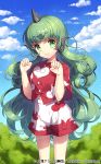  1girl bangs blue_sky cloud cloud_print commentary_request cowboy_shot day eyebrows_visible_through_hair green_eyes green_hair hands_up head_tilt horn kariyushi_shirt komano_aun long_hair looking_at_viewer masaru.jp outdoors paw_pose red_shirt shirt short_sleeves shorts sky solo standing thick_eyebrows thighs touhou very_long_hair white_shorts 