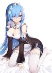  1girl bangs blacktheif blue_eyes blue_hair blush breasts cleavage commentary_request detached_sleeves dress frills hair_ornament hair_over_one_eye long_hair looking_at_viewer maid maid_headdress re:zero_kara_hajimeru_isekai_seikatsu rem_(re:zero) smile solo thighhighs white_legwear x_hair_ornament 