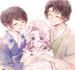  1girl 2boys ^_^ black_hair blush closed_eyes closed_mouth comforting commentary_request extra facial_mark family floral_print hand_on_another&#039;s_hand haori happy highres japanese_clothes kimetsu_no_yaiba kimono knees_up koame_1027 long_sleeves medium_hair multiple_boys obi parted_lips purple_eyes rui_(kimetsu_no_yaiba) sash simple_background smile tears tied_hair uniform upper_body white_background white_hair 