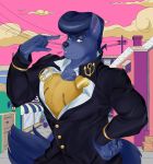  &lt;3 2019 barrel blue_eyes blue_fur blue_nose building canid canine canis carameltiiiger claws clothed clothing compression_artifacts crate ear_piercing flower fur hand_on_hip hi_res jojo&#039;s_bizarre_adventure josuke_higashikata lapel_pin looking_at_viewer male mammal muscular muscular_male nail outside peace_symbol piercing plant signature solo wolf 