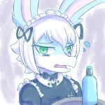  1:1 2018 accessory anthro blue_fur bodily_fluids breasts bust_portrait clothed clothing digital_media_(artwork) eyelashes female flopsy_(unknownlifeform) fur green_eyes grey_background hair hair_accessory hair_bow hair_ribbon hi_res long_ears maid_uniform neck_bow open_mouth plate portrait ribbons simple_background solo sweat uniform unknownlifeform water_bottle white_hair 