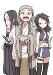  3girls :d absurdres bangs bare_shoulders black_gloves black_hair black_hakama black_legwear brown_eyes brown_hair diagonal_bangs fake_horns fangs fingerless_gloves forehead gloves hadanugi_dousa hakama highres horns japanese_clothes katana kimono kunoichi_tsubaki_no_mune_no_uchi long_sleeves looking_at_viewer low_ponytail multiple_girls official_art open_mouth outstretched_arms parted_bangs ponytail purple_kimono red_eyes sheath sheathed short_kimono simple_background sleeveless sleeveless_kimono smile standing sword thighhighs weapon white_background white_kimono wide_sleeves yamamoto_souichirou 